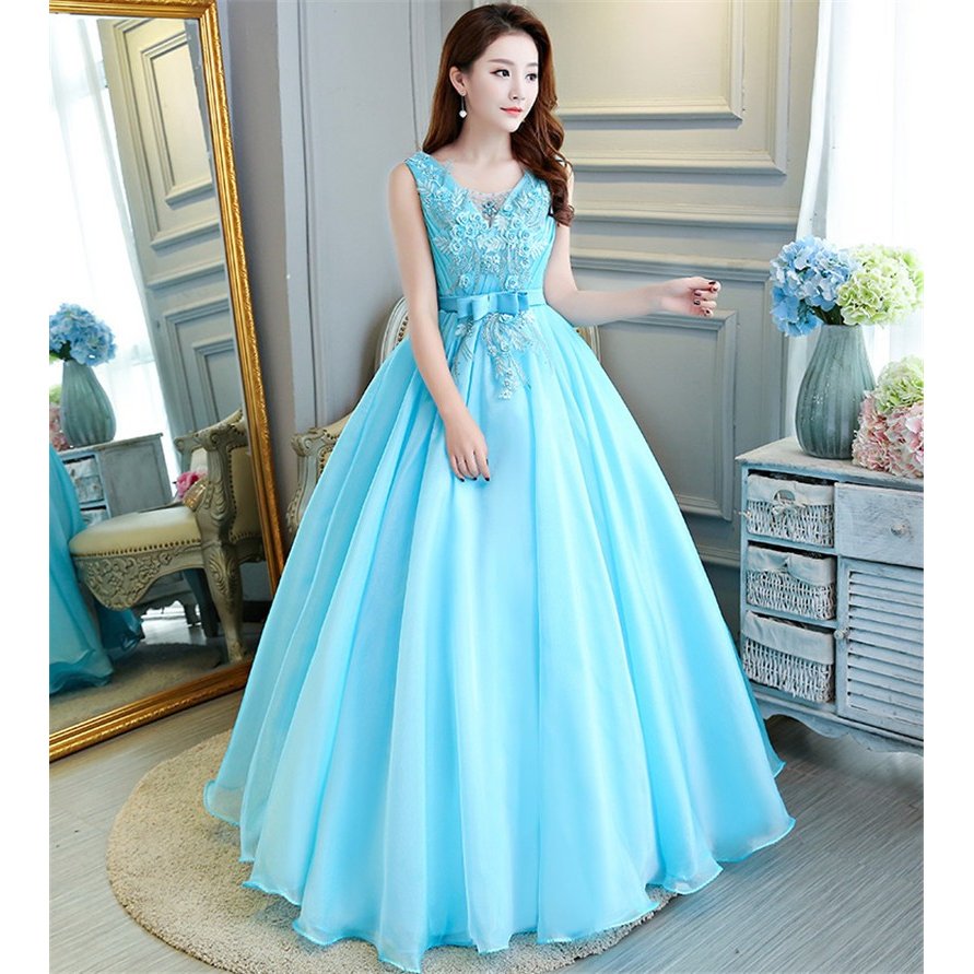 カラードレス ウェディングドレス 演奏会用ロングドレス ペールオレンジ Aライン 大きいサイズ 小さいサイズ ステージ衣装 ブルー