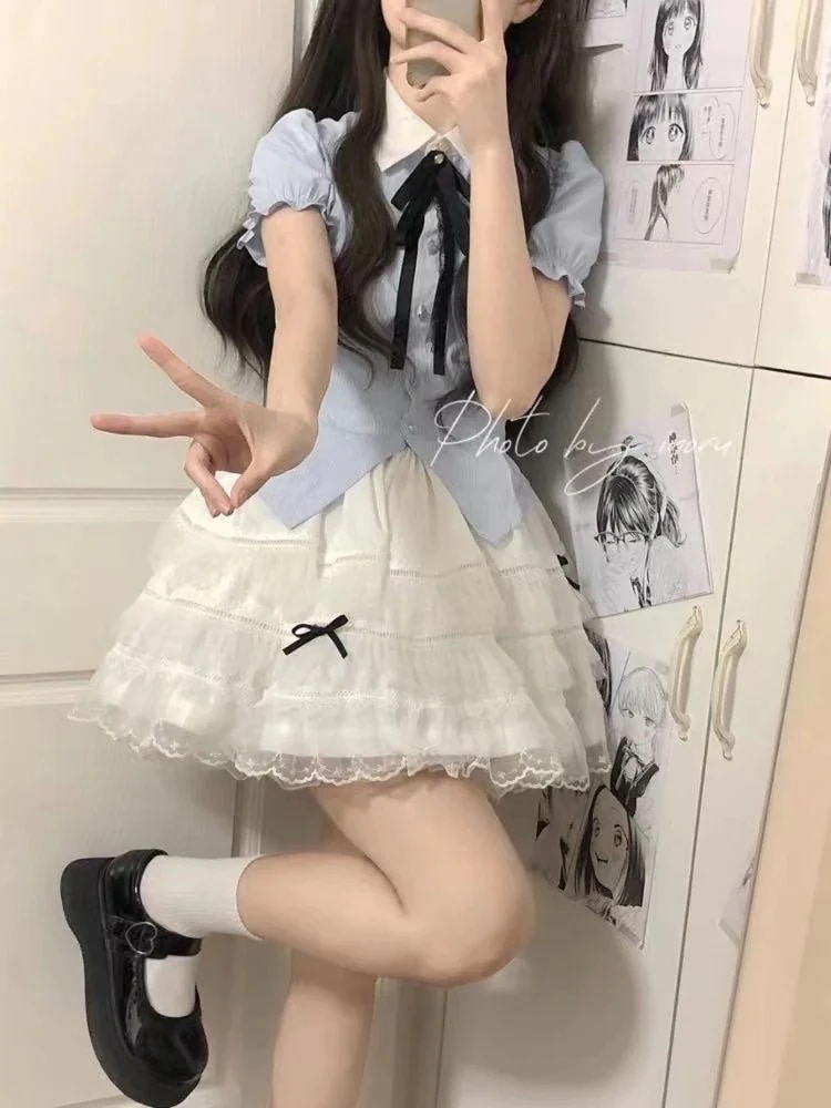 セットアップ10代の女の子のスーツ新しいスモック小さな新鮮なシャツハイウエストリボンふわふわスカートツーピーストレンドスーツ