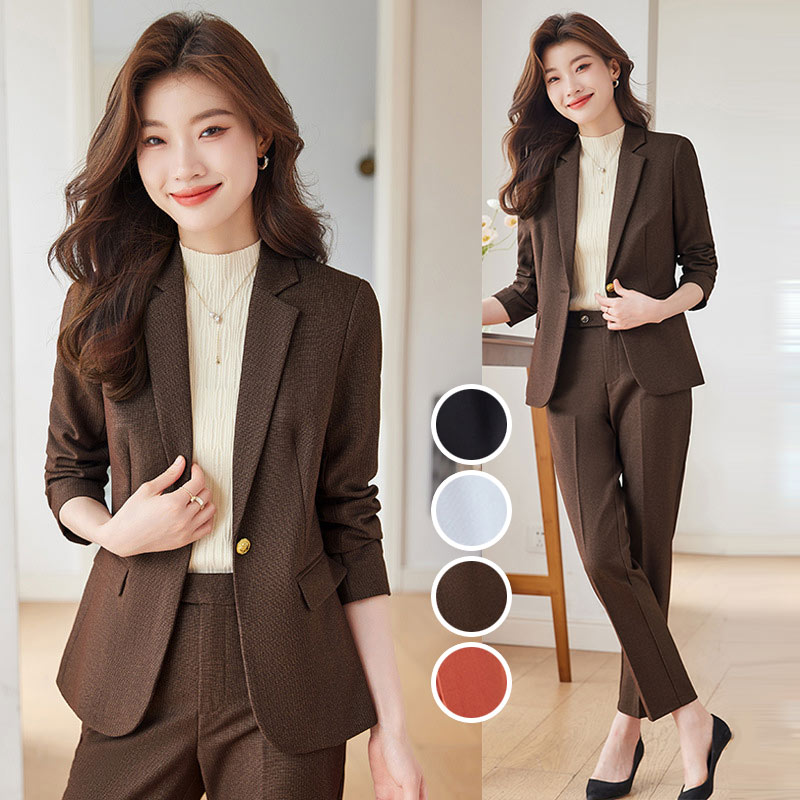 全4色 スーツ レディース ブラウン パンツスーツ カラースーツ オレンジ グレー ブラック オシャレ スーツ 2点セット 春 秋 通勤 OL オフィススーツ 大きいサイズ セレモニースーツ 6,296円