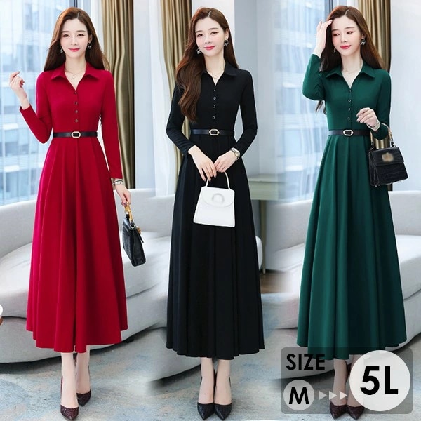 ワンピース ポロワンピース レディース きれいめ 40代 春 秋 ロング 黒ワンピース カジュアル 30代 長袖 50代 無地 大きいサイズ 結婚式 二次会 着痩せ 細身 大人 上品 フォーマル aラ