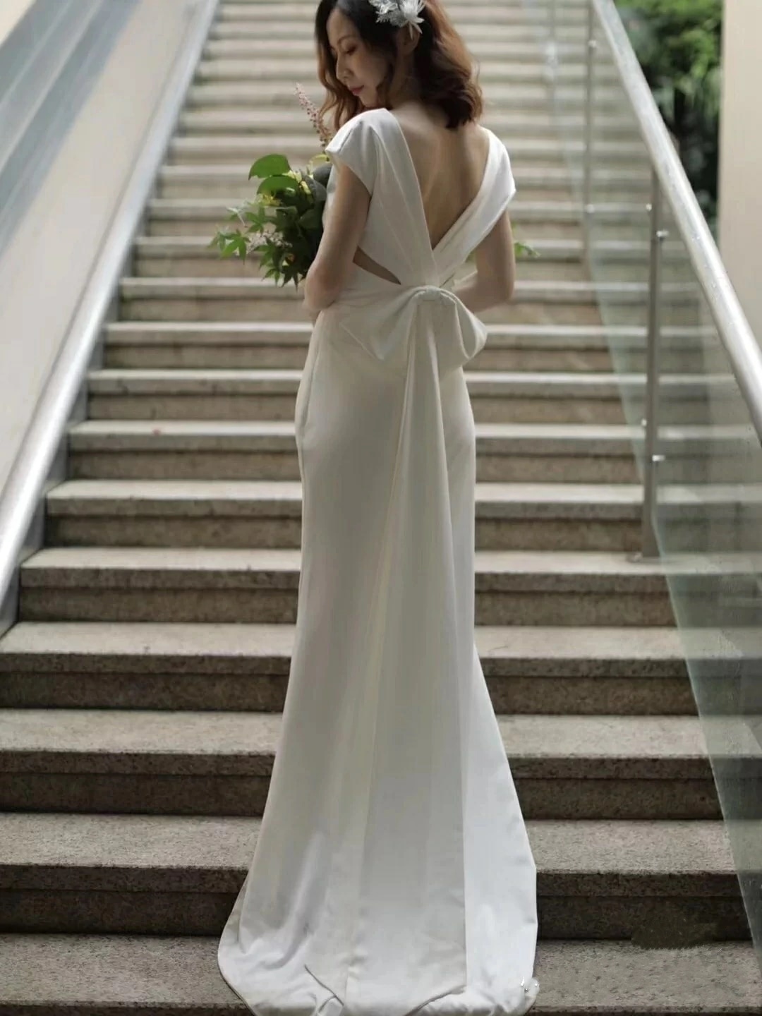 特別仕様ウエディングドレス 前撮りドレス 結婚式ドレス 簡単に 結婚式二次会 白いワンピース 花嫁ドレス バックリボン 背中開き春 夏 秋 冬