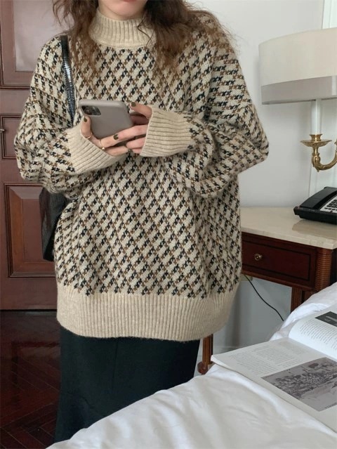 厚手 セーター ニットトップス ダイヤ格子 長袖大きいサイズ レディース 平干し ニット ニットセーター vネック カーディガン knit sweater 6,434円