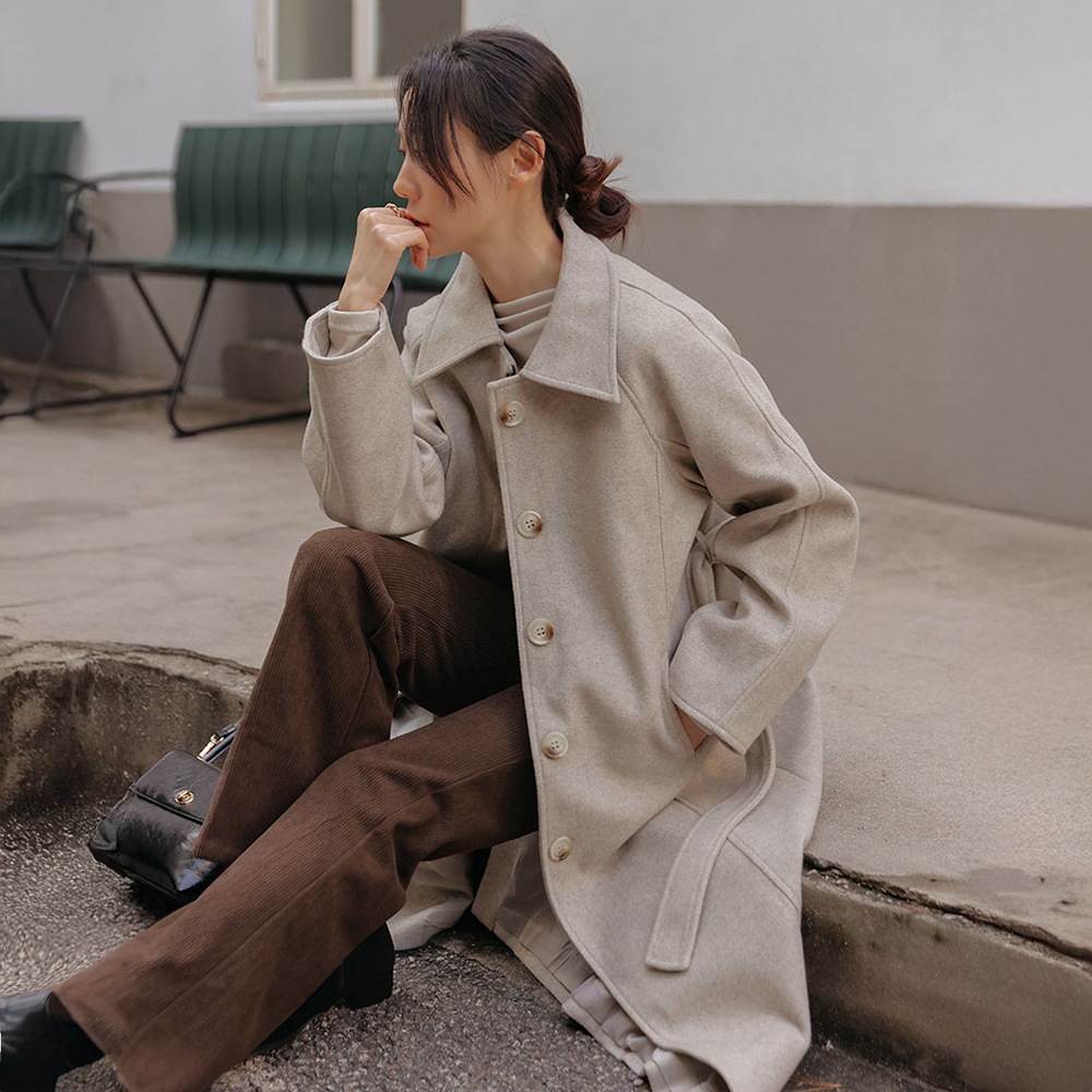 デイクンウール隠しボタンストラップロングコート