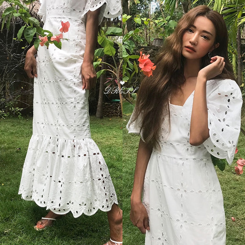 パンチングレースワンピース マーメイドワンピース レディース レース ロングワンピース 半袖マキシ ワンピース 半袖 レース 夏 コットン きれいめ ロング フリル ２カラー C28