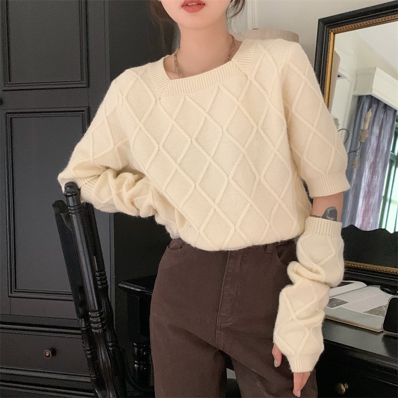 【送料無料】レディース ニット アーガイル柄 ショート丈 スクエアネック アームウォーマー