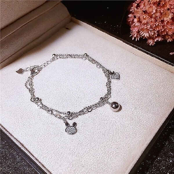 ブレスレット ダイヤ ハート 王冠 ウサギ 兎 2連 ボール ブレスレット レディース プラチナ仕上げ シルバー925 プレゼント 彼女 人気 プレゼント 女性