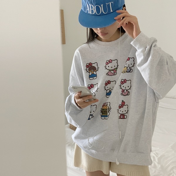 韓国ファッション ニャー プリンティング ルーズフィット コットン マンツーマンTシャツ