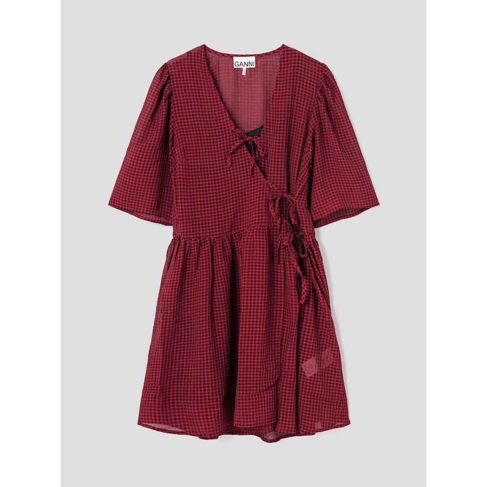 GANNI シアーフルイドチェックネクタイストリングラップドレス-レッド FW24 /QN4871R056
