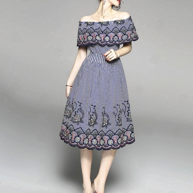 1884.レトロフローラル刺繍オフショルワンピース 2019 春夏 sale 春夏 sale ドレス ストライプ フレア ミディアム お呼ばれ パーティー 結婚式 披露宴 二次会 女子会 レストラン 100,000円