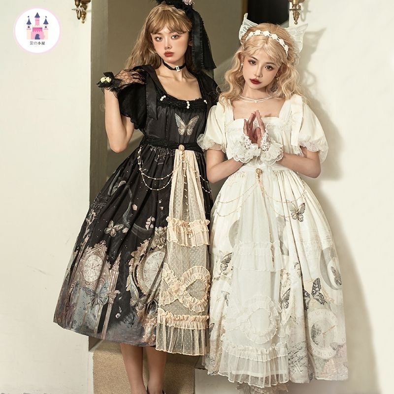 オリジナルデザイン時計蝶opロリータロリータレトロエレガント半袖サマーワンピース卒業式結婚式