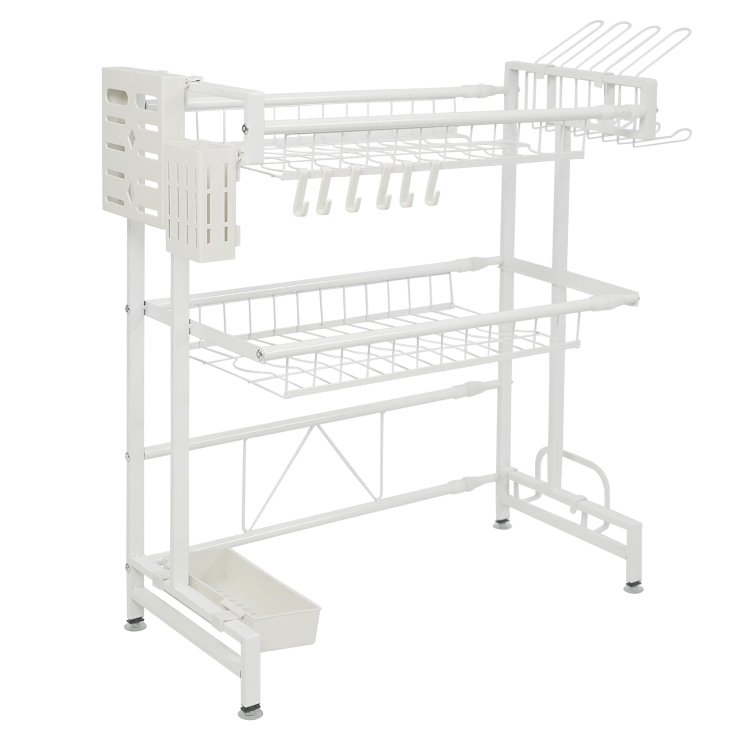 Hadulcet 水切りラック シンク上 食器 乾燥ラック 水切りかご 伸縮式【幅6095cm】多機能キッチン収納 台所用品ホルダ 箸収納 包丁 まな板スタンド付き 組立簡単（2段式ホワイト）