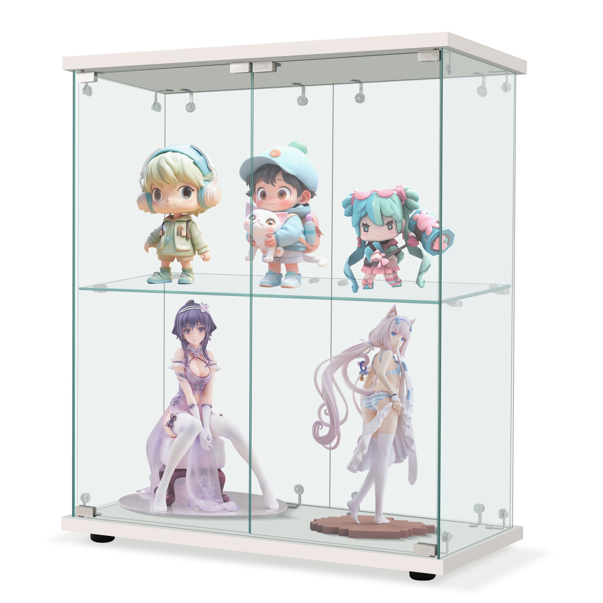 [国内即発送]コレクションケース 両扉タイプ 大型 ワイドタイプ ガラスディスプレイキャビネット フィギュアケース 2段 強化ガラス 全面ガラス サイズ:幅80.5×奥行36.5×高さ86cm ホワイ