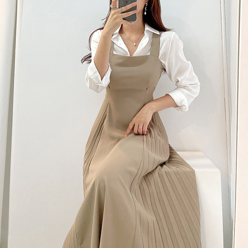 セットアップ ブラウス ワンピドレス ミディアム丈 袖あり 長袖 襟付き ストレート プリーツ ハイウエスト 2点セット かわいい 大人可愛い きれいめ シンプル カジュアル 大人 上品 おしゃれ