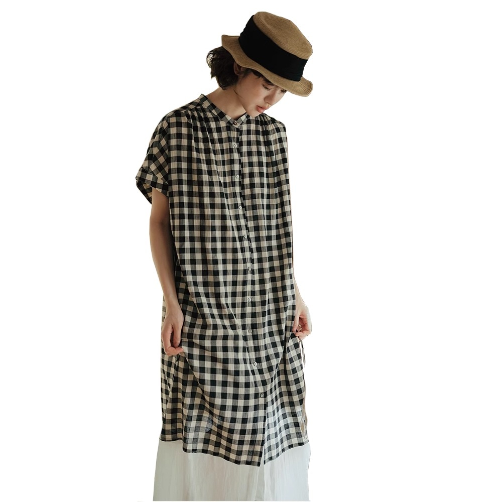 [最安値挑戦]！夏 大きいサイズ マキシ丈 快適 速乾 ワンピ 透け感あり 薄手 綿 シャツワンピース 半袖 ロング レディース チェック柄切り替えワンピース