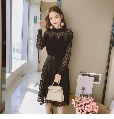 1300．花柄レースニットドレス（ブラック）　女子会 二次会 お呼ばれ 大人 かわいい パーティ