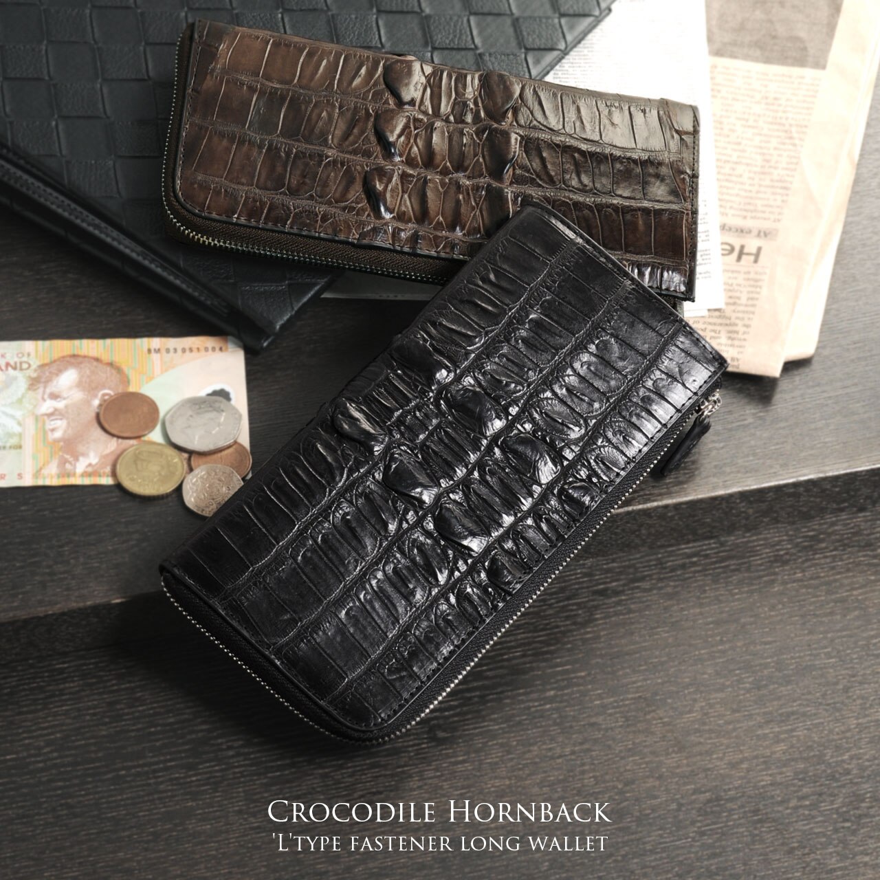 クロコダイルレザーホーンバックL字ファスナー長財布 ネコポス対応