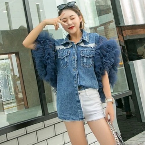 デニムジャケット アウター ジャケット 羽織り 半袖 フリル袖