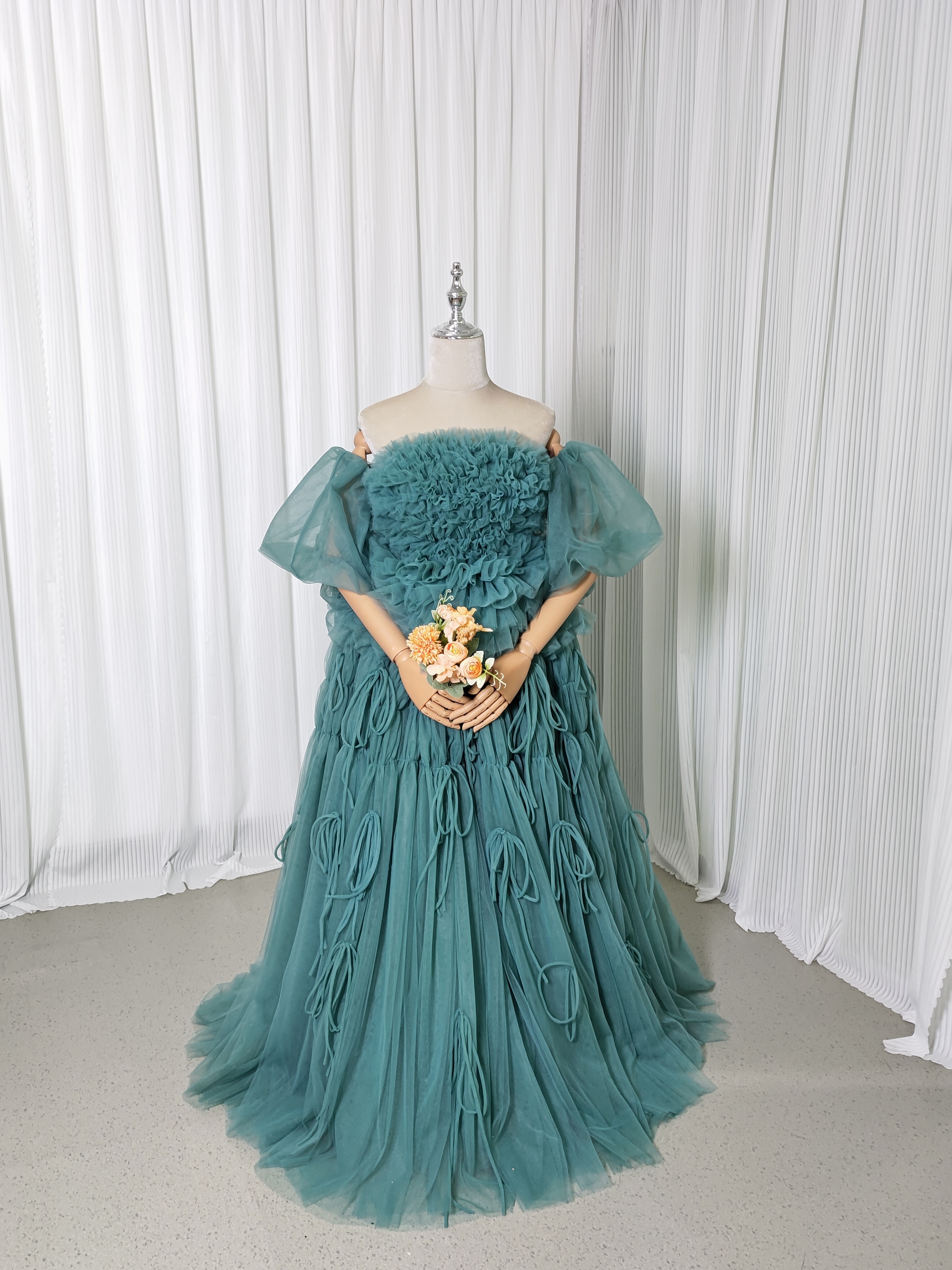 カラードレス ミントグリーンドレス フレア袖 ベアトップ リボン ロング もこもこドレス 前撮り