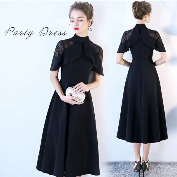 ドレス 大人 ピアノ 発表会 演奏会 結婚式 母親 ドレス ピアノ発表会 黒 袖付き ハイネックドレス ブラック パーティードレス 半袖ドレス ワンピース 20代 30代 ブラック フォーマル 二次会