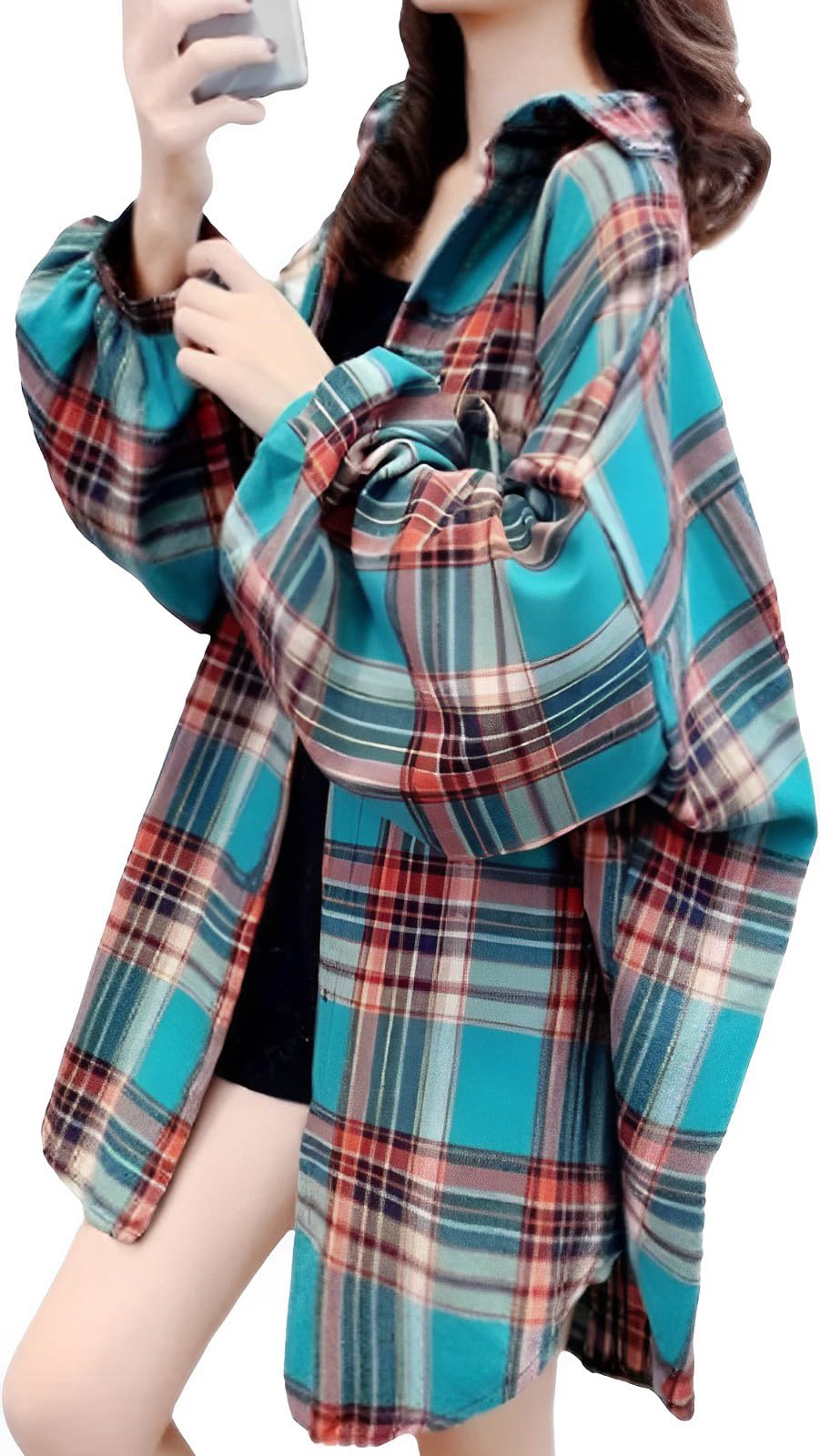 [Luxe Relax] チェック 柄 パフスリーブ ロング シャツ 軽い 長袖 レディースシャツブラウス長袖 肌触り かわいい 可愛い ゆったり 秋 冬 ギンガム ブラウス 秋服レディース おしゃれ