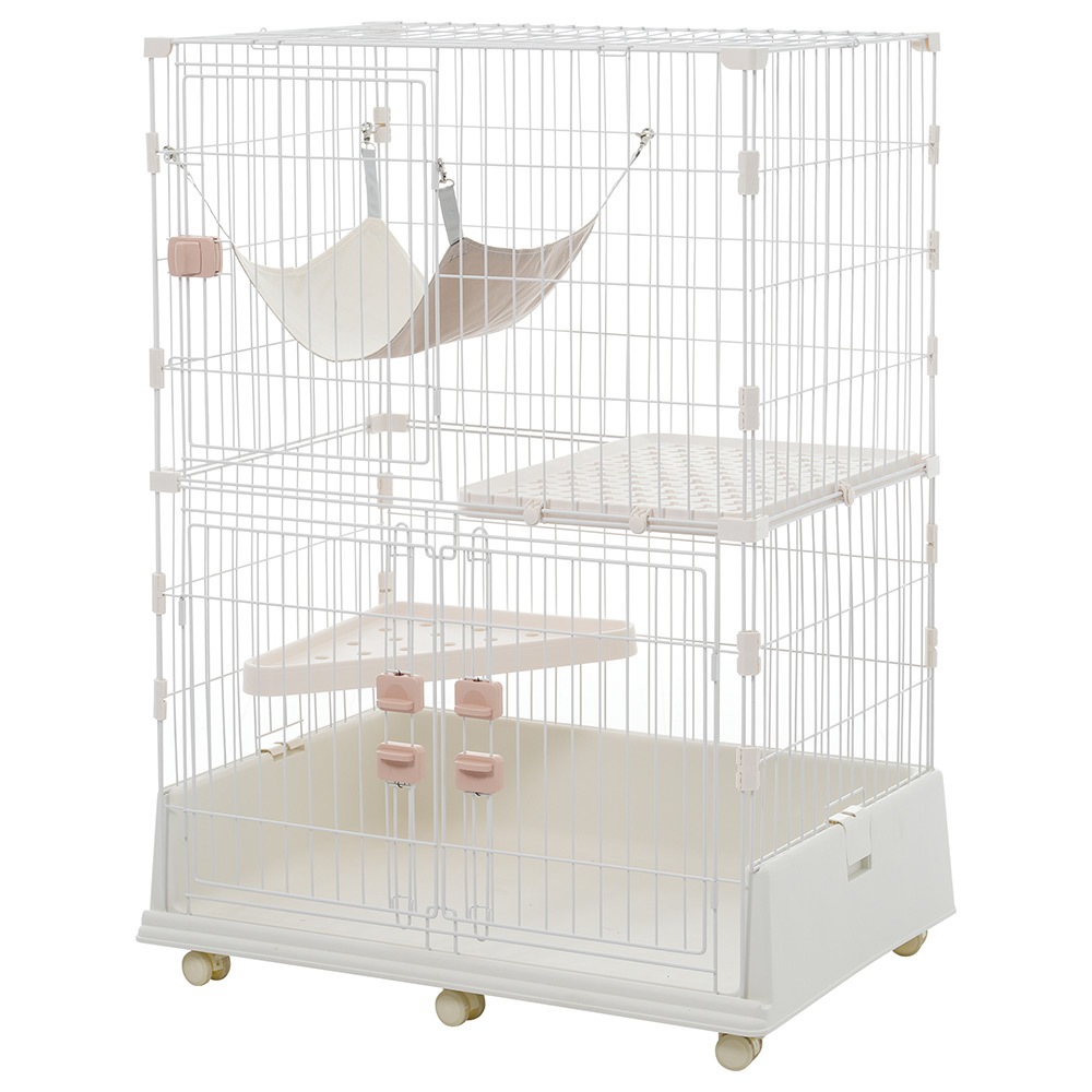 猫 ケージ キャットケージ 2段 ペットケージ キャスター付 猫ゲージ 大型 多頭飼い ネコドア キャットハウス 1段2段可能 留守番 保護 脱走防止 おしゃれ (2段, ピンク)