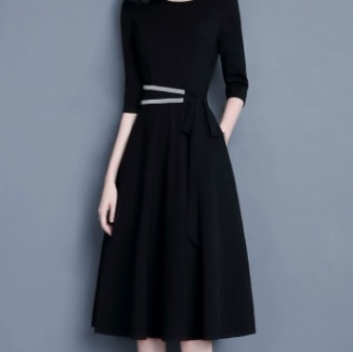 ドレス ファスナー Ａライン ウエストマーク ワンピース 膝下 7分袖 Uネック セミフレア 細身 ストレート スマート ポケット 薄手 きれいめ シンプル 大人 上品 おしゃれ 大人女子 こなれ感
