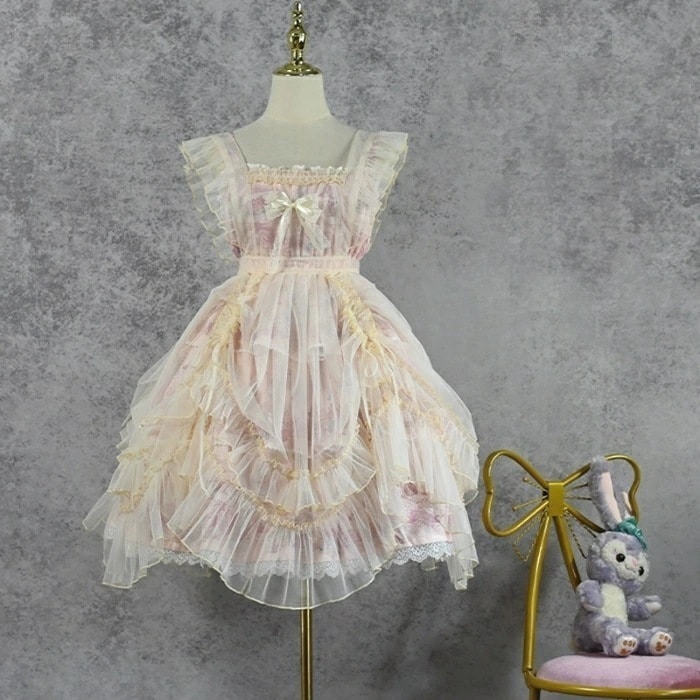 【急速出荷】ロリータ オーバースカート エプロン 着丈90cm 華やか ゴージャス 2WAY フリル チュールスカート ドレス かわいい スカートカバー エプロンスカート クラロリ クラシカル ゴシッ