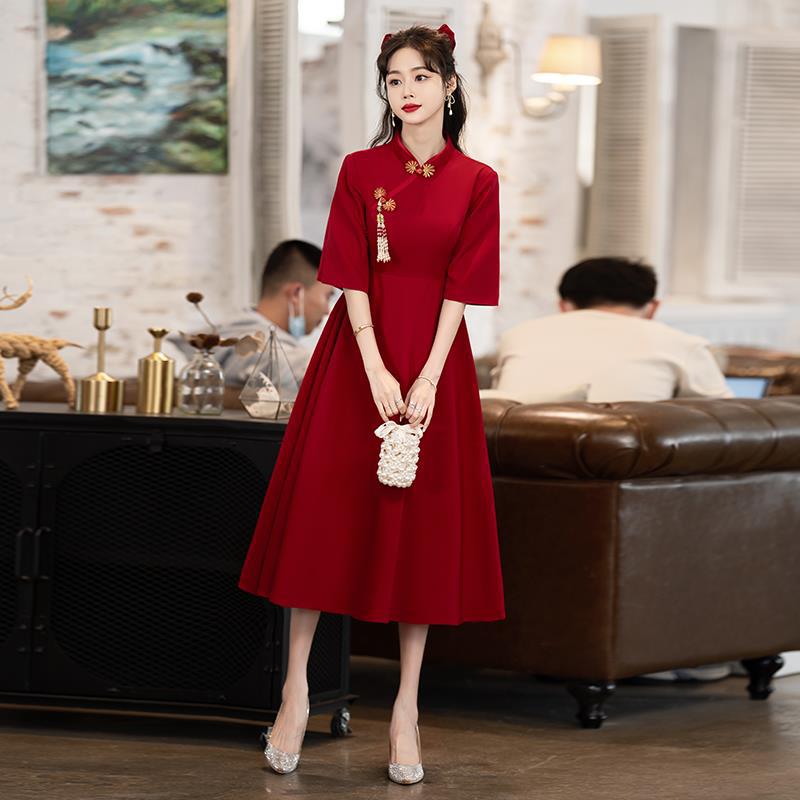敬酒服花嫁結婚婚約帰門服太ったmm避妊腹驚き赤いスカート中国式ドレス