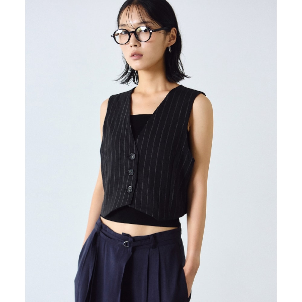 ニック&ニコールシックストライプリネンベスト_ブラック