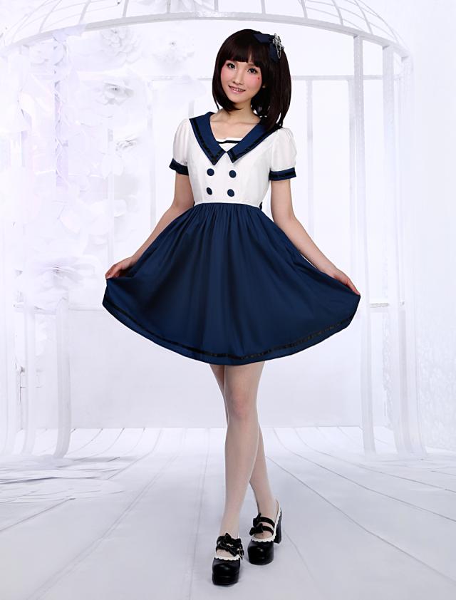 【即納 激安販売】セーラーロリータワンピース　ホワイト　紺　演出　舞台　アイドル衣装　学園祭　日常着
