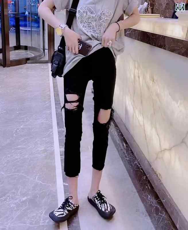 デニムパンツ レディース ダメージ ジーンズ クラッシュ ボトムス 薄手 ストレート 春夏 クロップド ハイウエスト スキニー 大きめサイズ ブラック