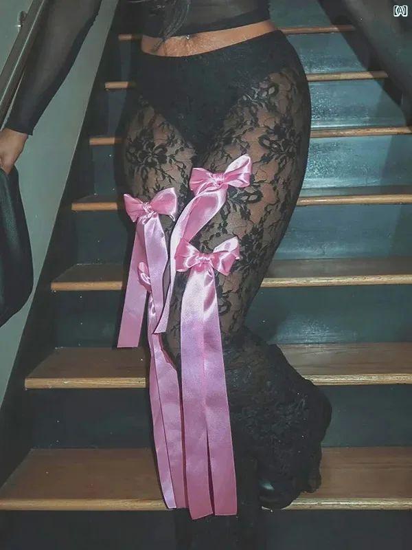 レディースファッション　かわいい　オシャレ　海外 ミッド ライズ パースペクティブ ボウ カジュアル パンツ メッシュ