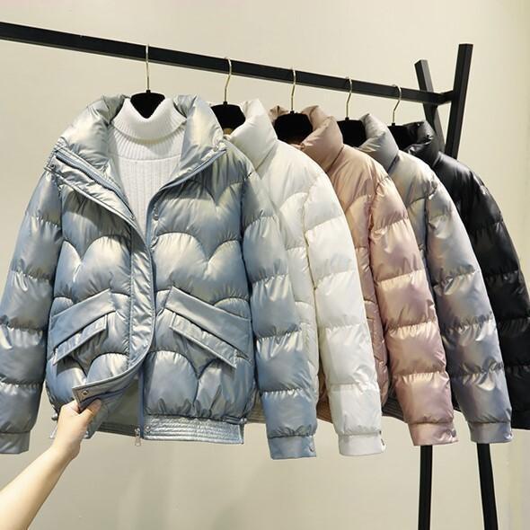 光沢 ダウン ジャケット アウター コート ブルゾン シャンパー ダウンコート ショート ショート丈 長袖 スタンドカラー スリム ストレート ファスナー