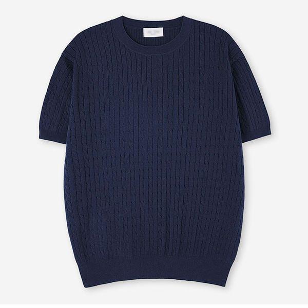 メンズケーブルリネンラウンド半袖ニットTシャツ AT KNH Q012 ネイビー_P422651150