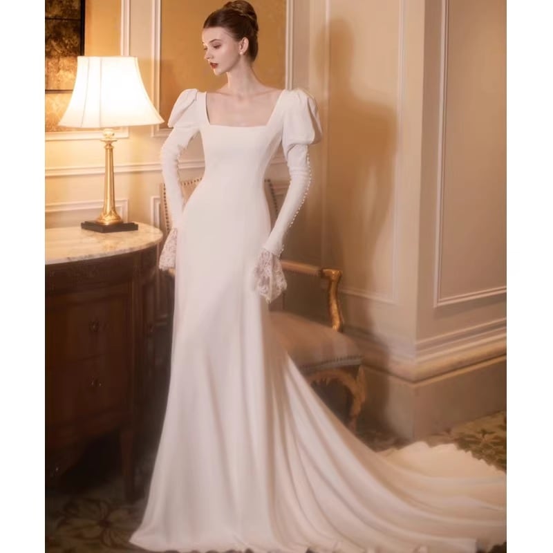 フレンチライトウェディングドレスレース長袖高級感フィッシュテイルシンプル旅レッグ花嫁結婚迎賓のお出かけ紗