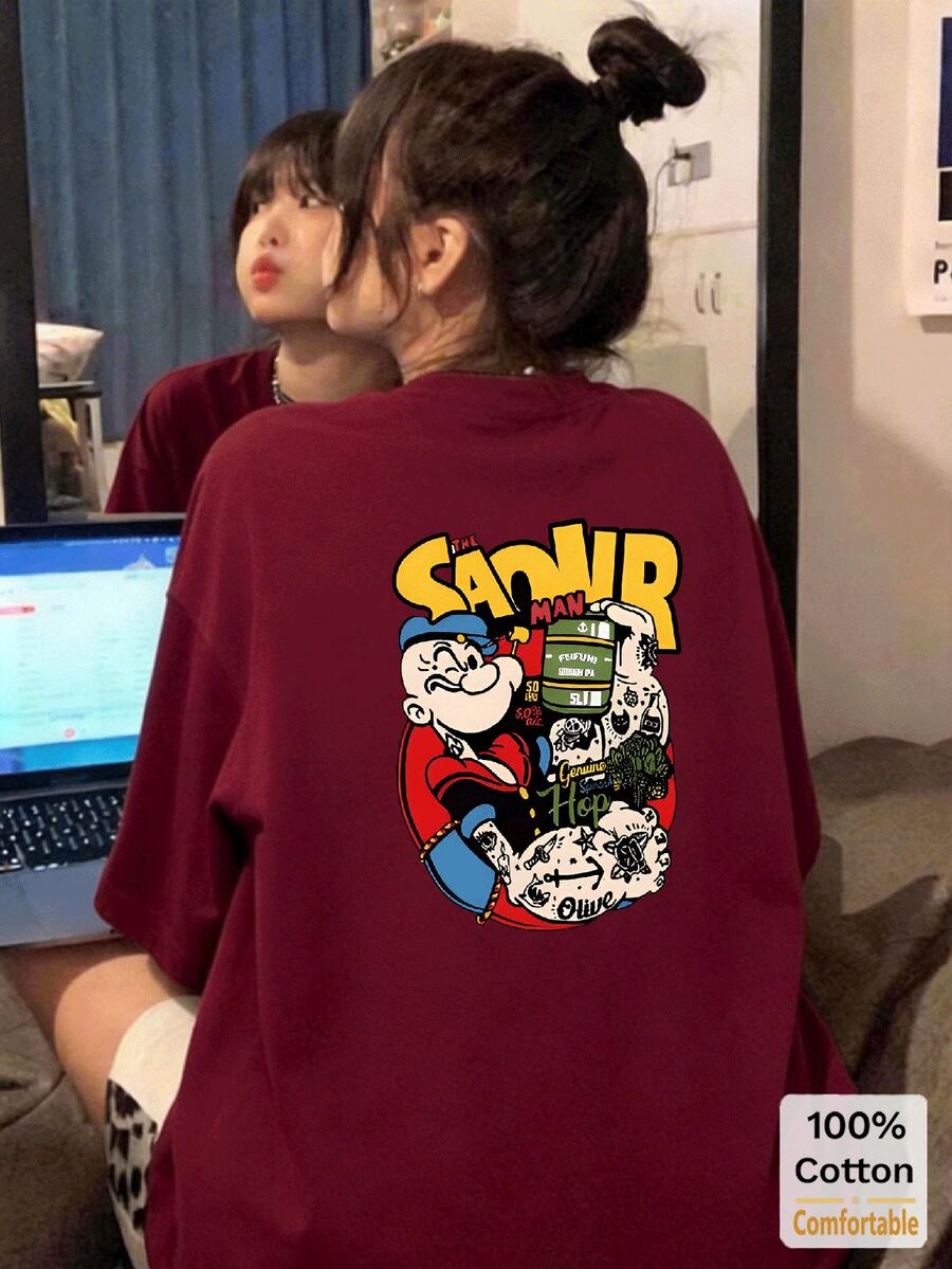カートゥーンパターン 半袖 ミドル丈Tシャツファッショナブルなカジュアルトップス レディース 夏用