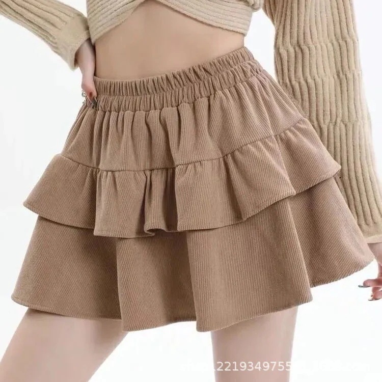 秋冬スカート 女子用コーデュロイスカート 段々フリルスカート 下着付き スパイス系 合わせやすい 細見えミニスカート