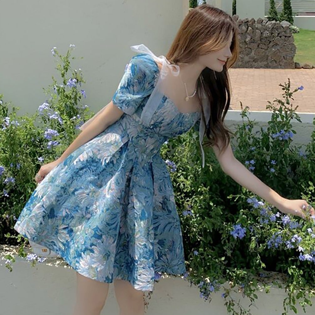 花柄チュールリボンワンピース ワンピース フレアワンピース ショート ショート丈 膝上 袖あり 半袖 パフスリーブ スクエアネック フレア Aライン リボン ハイウエスト 透け感 かわいい 大人可愛い