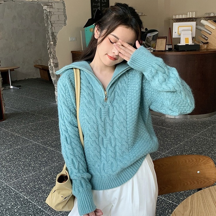 トップス セーター プルオーバー ジッパー ミモレ丈 ミディアム丈 ミドル丈 長袖 パフスリーブ タートルネック ハイネック ルーズ ニット 大人可愛い カジュアル おしゃれ レトロ 大人女子