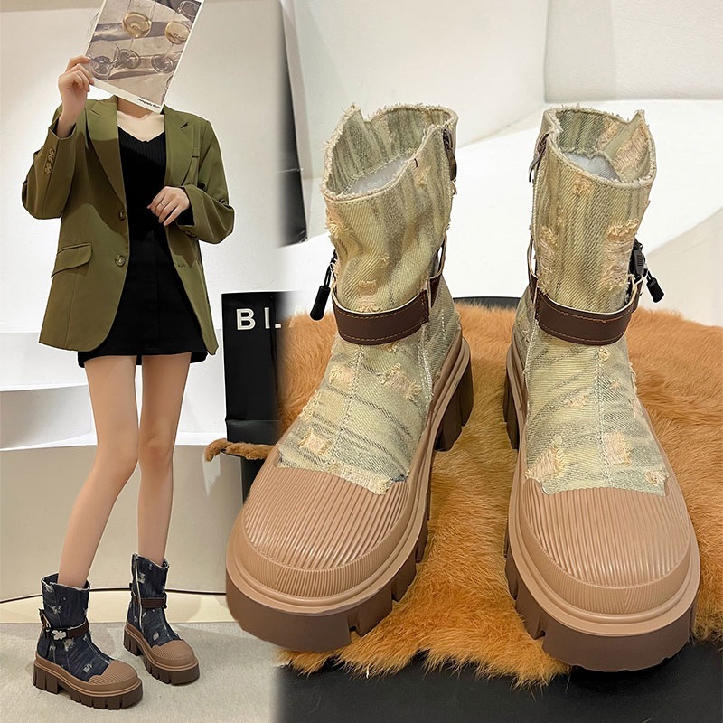 ショートブーツ レディース 5秋 日常着 カウボーイブーツ 厚底 韓国風 配色ベルトバックル レディースブーツ