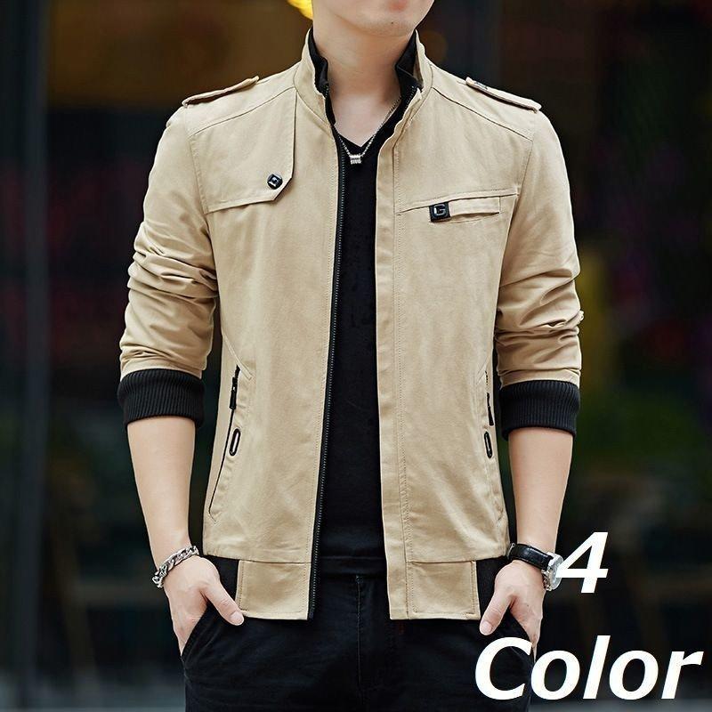 超人気 ジャケット ミリタリージャケット ジャンパー ハイネック ファスナー ジップアップ リブ袖 無地 裏地チェック コットン アウター メンズ 男性 おし