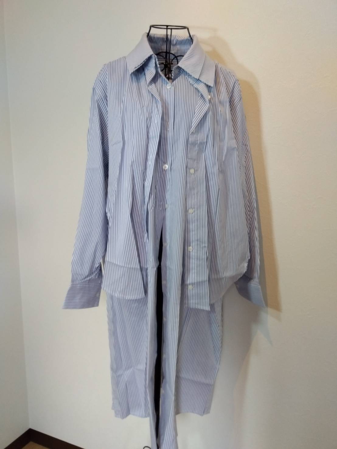 ダブル　オープン　シャツ　ドレス　ワンピース　ストライプ