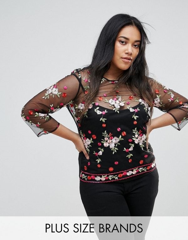 Unique 21 Hero レディース 大きめサイズ ゆったりサイズ 送料無料 Black Plus Sheer Blouse With Floral Embroidery