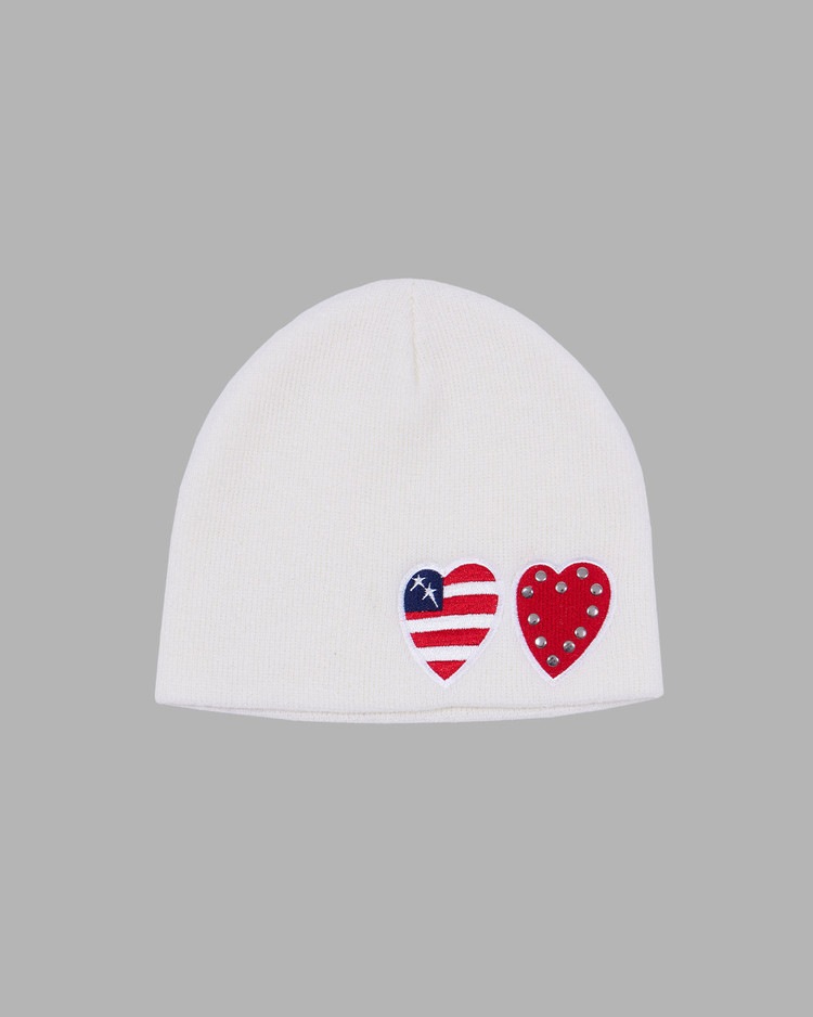 【THE MUSEUM VISITOR】 TWO HEART PATCH STITCHED BEANIE : WHITE