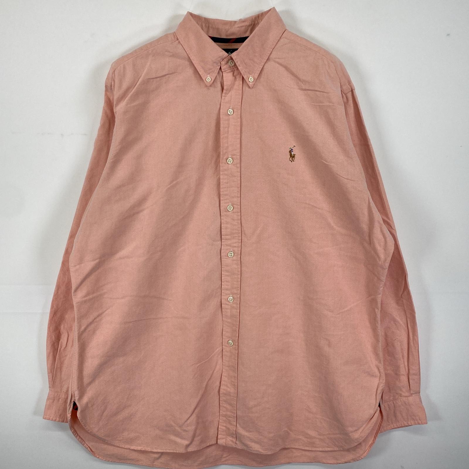 古着 長袖シャツ ボタンダウン ワンポイントロゴ ロゴ刺繍 XL オレンジ系 無地 メンズ