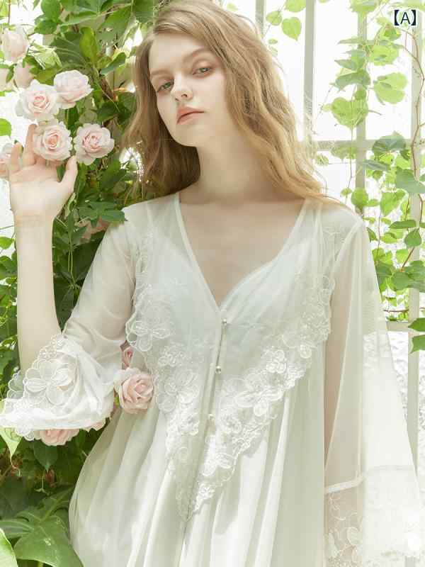 パジャマ レディース 宮殿風 春夏 お花チャームレースガウン シフォンキャミ ワンピース ２点セット ドレス ナイト ルーム ホームウェア ゆるふわ