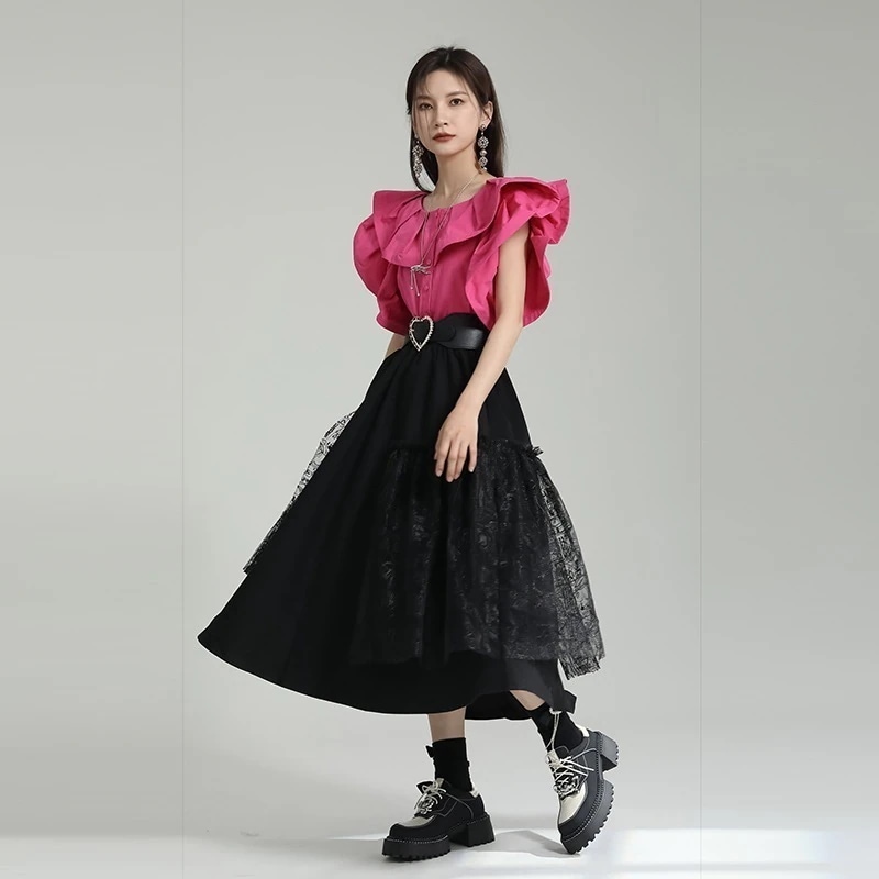 【J.Fashion】 レース ドッキングスカート 漫画柄 ゴムウエスト メッシュスカート レディースロングスカート 関連商品は店で購入可能 メガ割30%までに制限