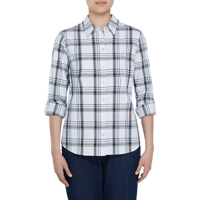 アリソン デイリー レディース トップス ブラウス・シャツ【Allison Daley Long Roll-Tab Sleeve Windowpane Plaid Button Front Shirt アリソン デイリー レディース トップス ブラウス・シャツ【Allison Daley Long Roll-Tab Sleeve Windowpane Plaid Button Front Shirt