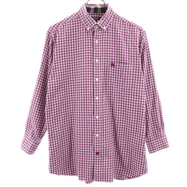 三陽商会 日本製 チェック柄 長袖 ボタンダウンシャツ M 紫系 メンズ 古着