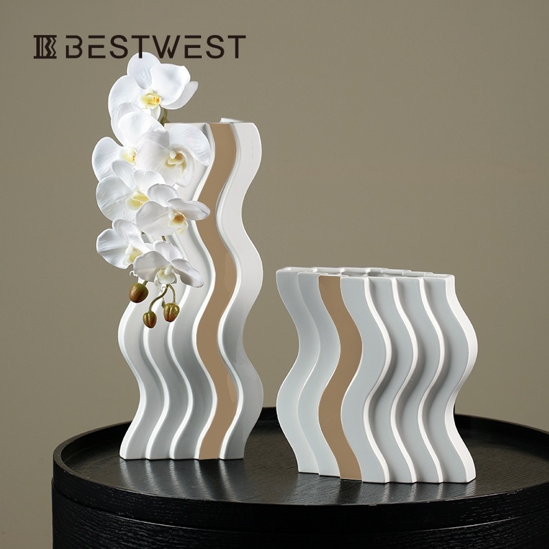 波形白色釉薬表面軽量贅沢セラミック花瓶モデルルームリビングソフト花器装飾品